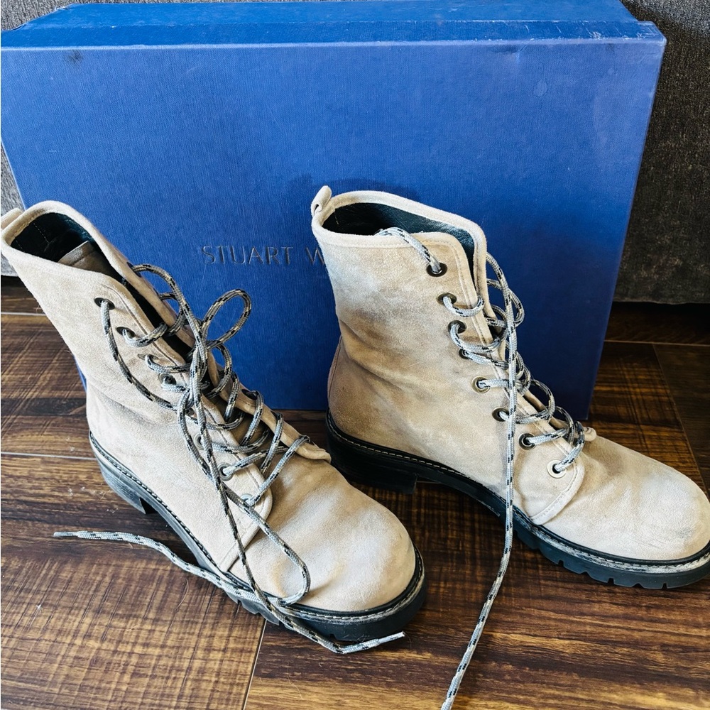 Stuart Weitzman METERMAID LACE-UP SUEDE BOOTS, Neutral